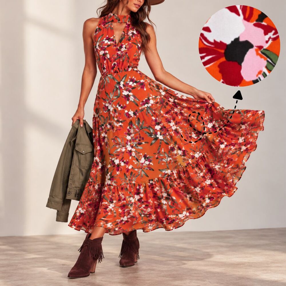 Sam Edelman Maxi Dress Womens 6 Orange Floral Halter Cutout Boho Tiered Fall